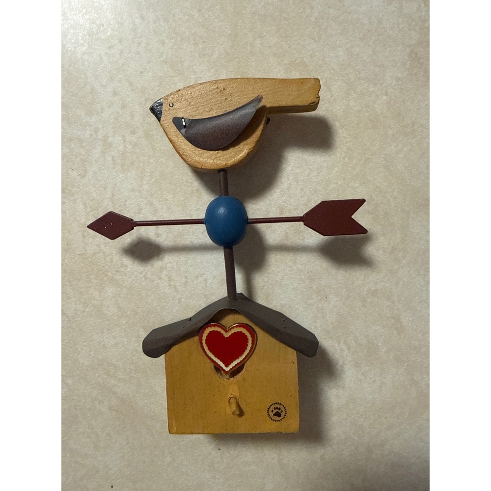 Primitive Folk Art Wooden Birdhouse Weather Vane Tabletop Decor Paw Print Mark
